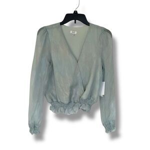 Q + A Los Angles Faux Wrap Blouse Iridescent Blue Smocked Waist Size XS NWT